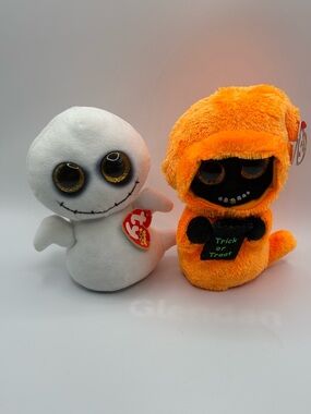 Lot 2 Ty Beanie Boos Halloween Plush white Spike & Orange Black Grinner W/tag 6”